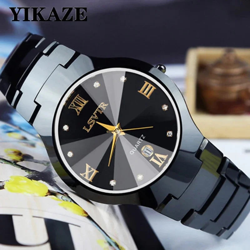 YIKAZE Men Women Quartz Watches Stainless Steel Wristwatch Calendar Date Waterproof Clock Luxury Womens Lovers Couple Watch