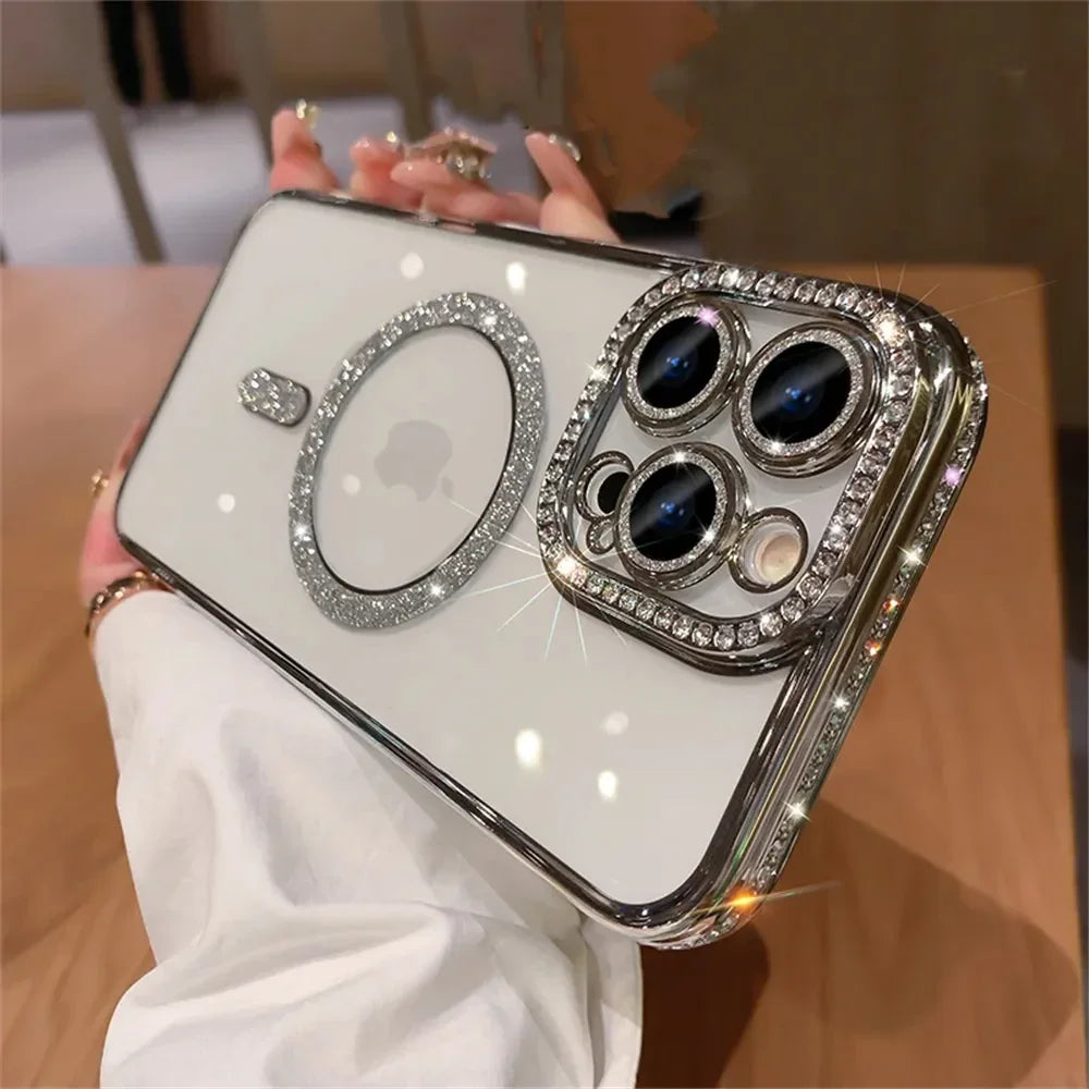 2024 New Fashion Glitter Diamond Transparent Case For iPhone 16 15 14 Plus 13 12 11 Pro Max Magnetic Wireless Charge Back Cover
