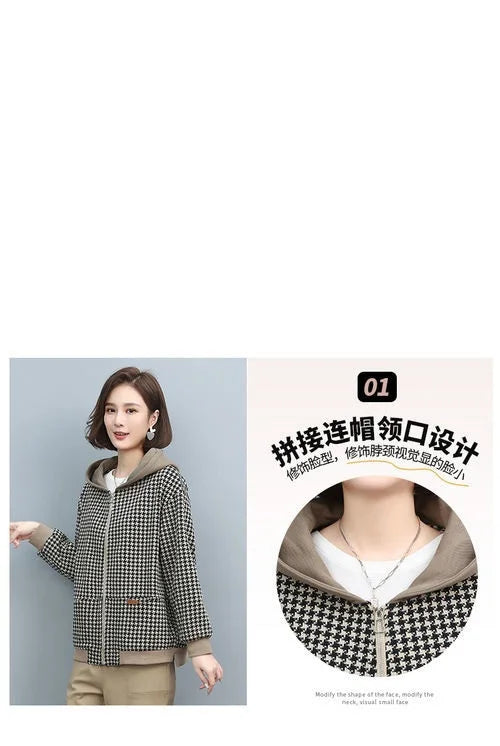 2024 Autumn Winter New Middle-aged and elderly Mothers Short Jacket Women's Patchwork Hooded Plaid Coat Casual Tops