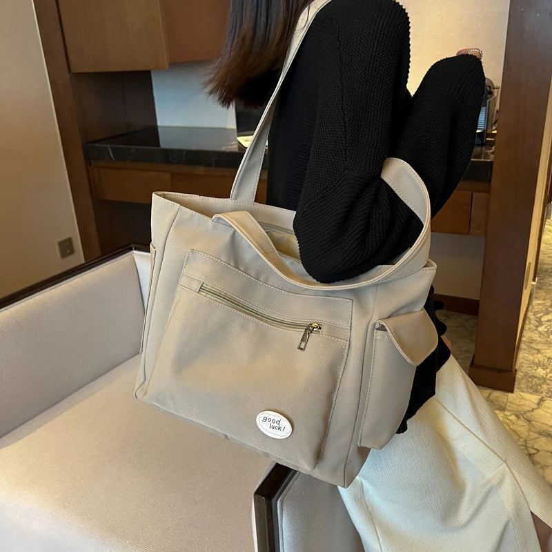 Lightweight Canvas Shoulder Bags For Women Ladies Handbags Multi Pockets Pure Color Travelling Shopper Totes