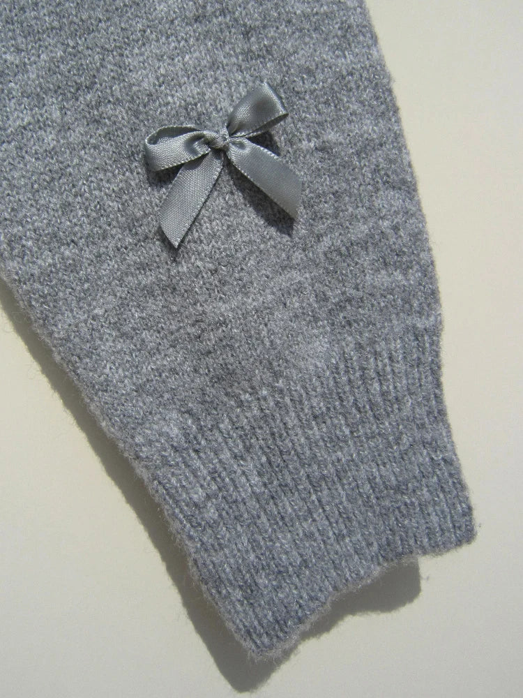 MSCSZ 2024 Autumn Grey Knitted Cardigan Sweater With Bows O-Neck Single Breasted Elegant Women Jackets Knit Cropped Coat