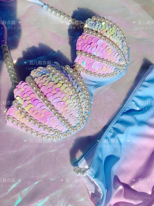 New Thailand Shell Sequin Bikini Corset Mermaid Show Spa Vacation Split Swimsuit Gathered Sexy Corset Set