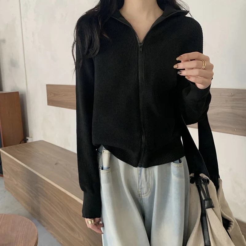 Korean Fashion Zipper Up Cardigan Women Autumn Winter Knitted Turtleneck Sweater Woman 2024 Solid Color Cropped Cardigans Female