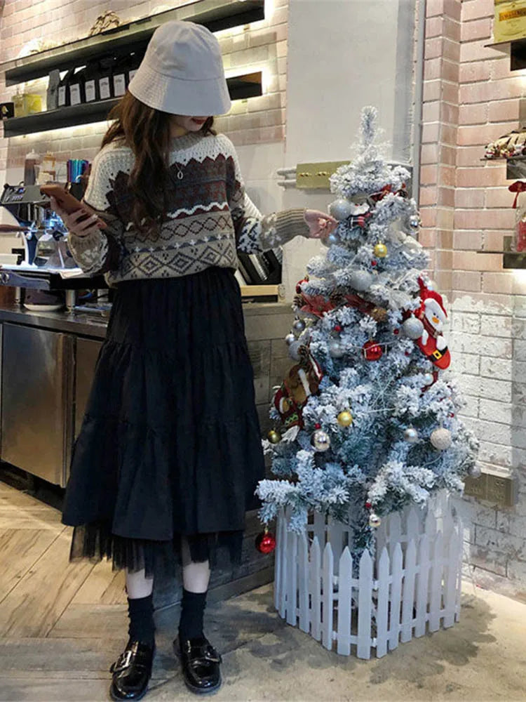 Long Tulle Midi Skirts Womens Autumn Elastic High Waist Mesh Tutu Pleated Skirts Female Black White Long Skirt Streetwear