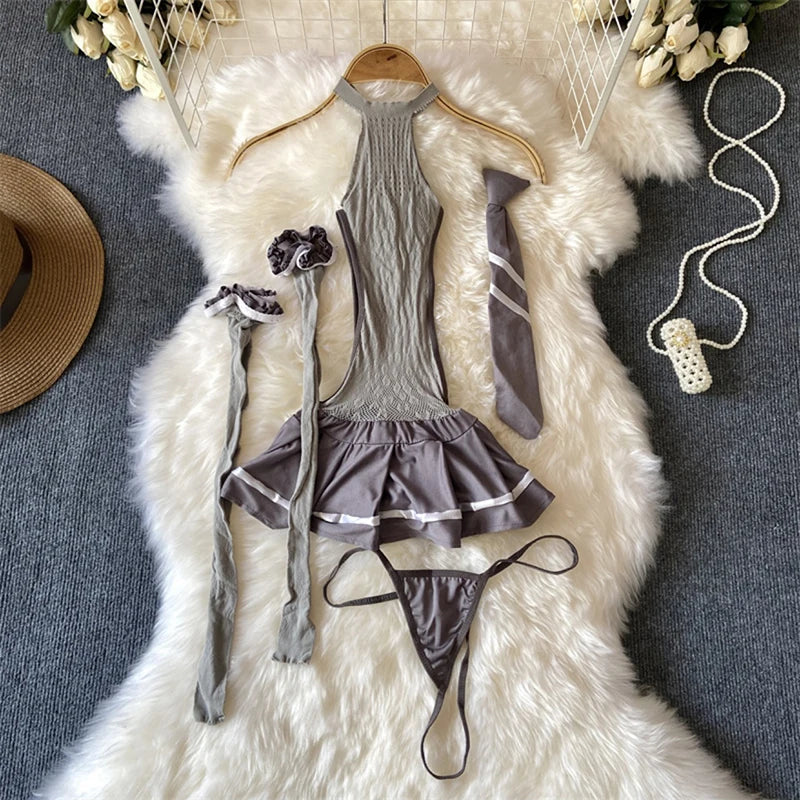 Girls Sexy Cute Japanese JK Uniform Mini Checkered Strap Skirt Off Shoulder High Waist Elastic Cosplay Dress Hot Sweet Pajama