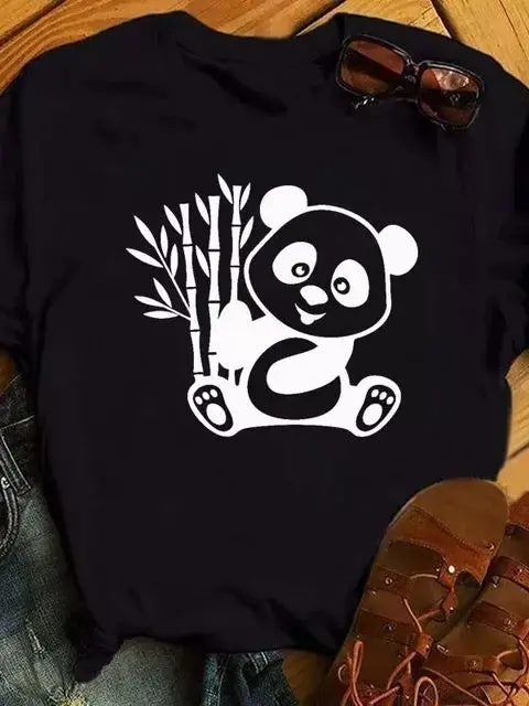 Maycaur Summer Women T Shirt Loose Tops Cute Panda Heart Print Short Sleeve Female Loose Casual T-shirt Ladies Top Teeadad
