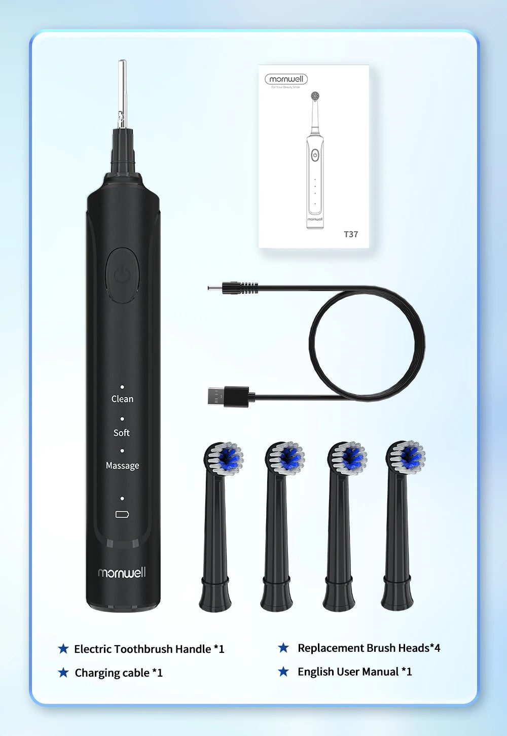 Mornwell T37 Electric Toothbrush Rotation Clean Teeth Adult Teeth Brush Electric Tooth Brush With 4 Extra Replacement Heads