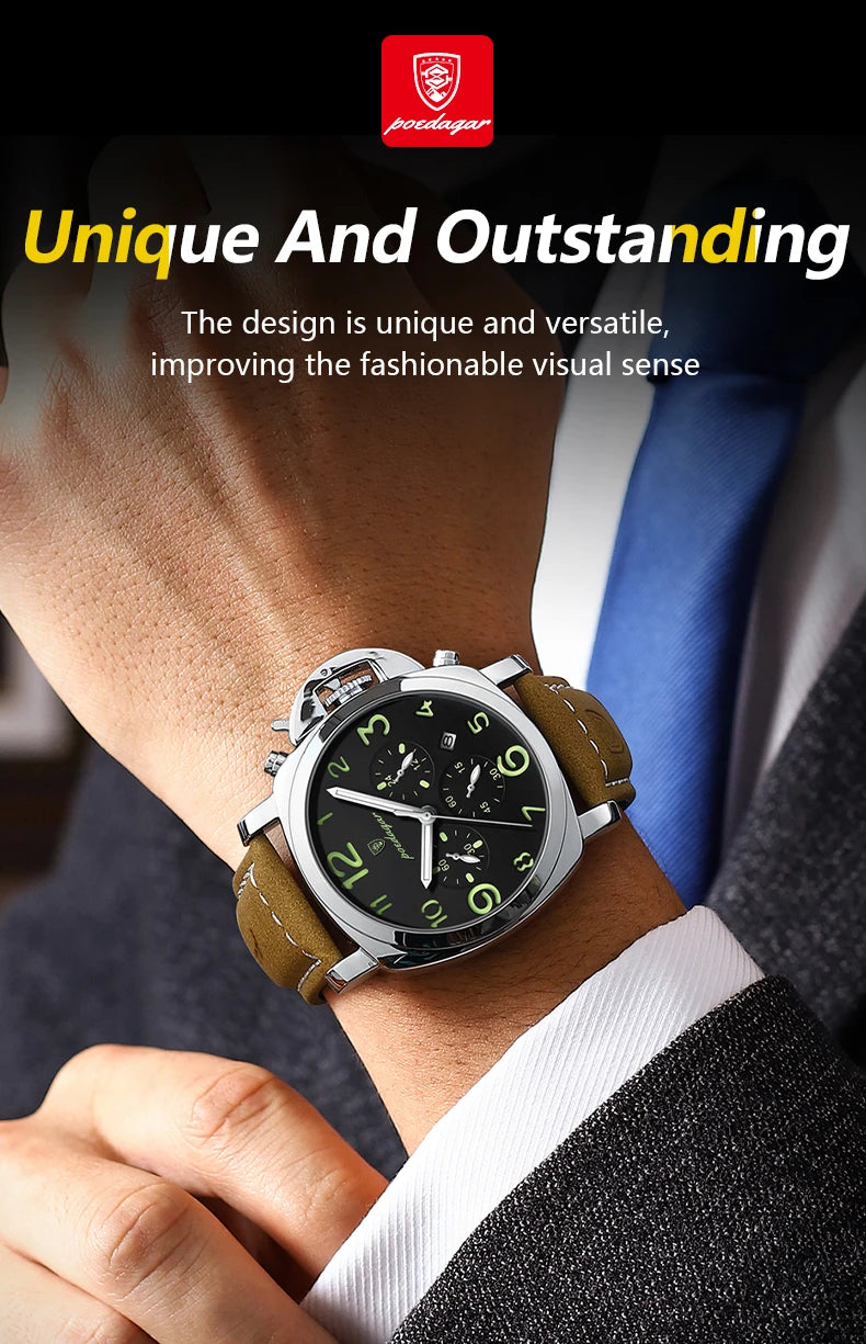 POEDAGAR Luxury Man Watch Chronograph Waterproof Luminous Date Watch for Men Casual Leather Sports Military Men's Quartz Watches