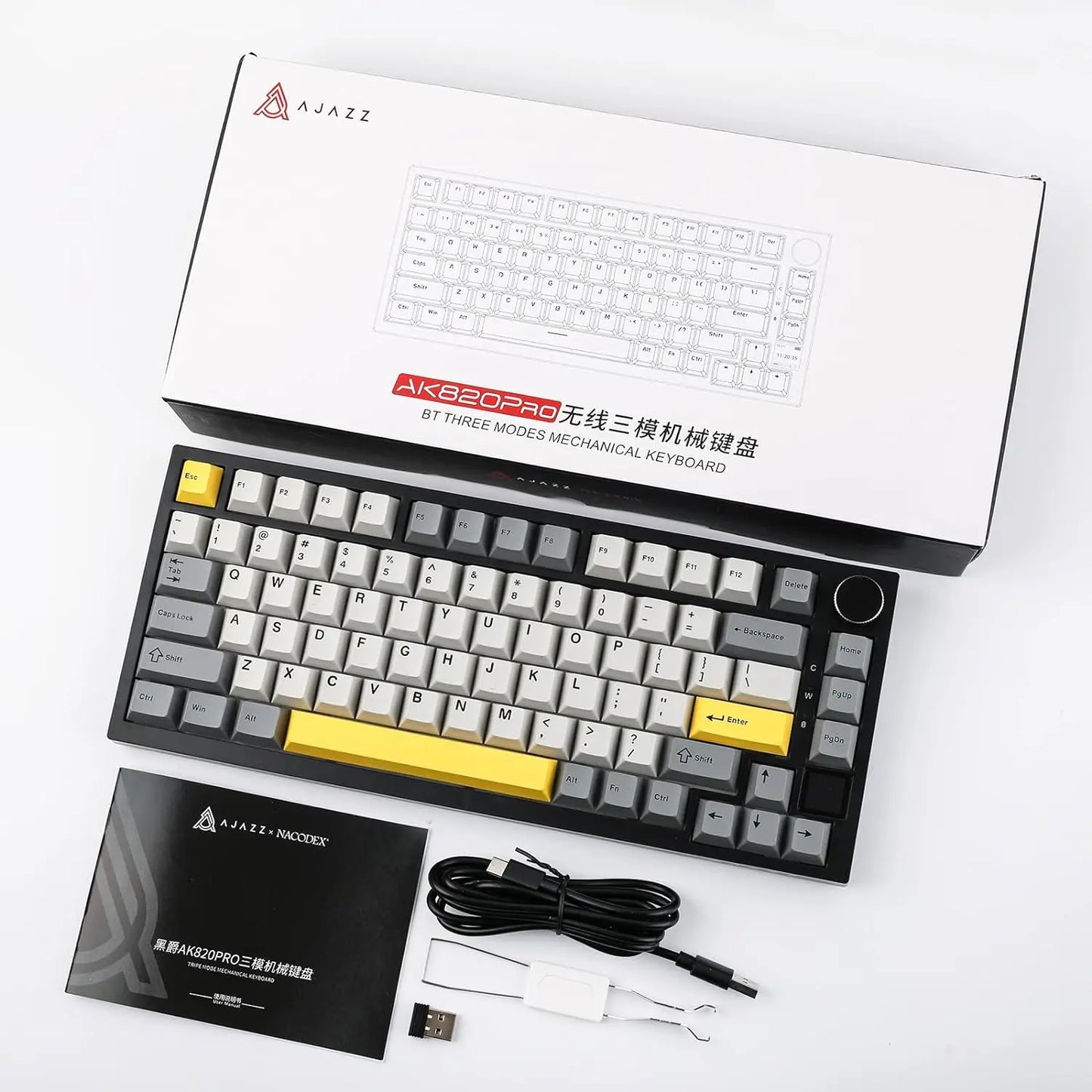Ajazz AK820/AK820Pro Gaming Mechanical Keyboard Bluetooth 5.1/Wireless/C-Wired Customized Keyboard with Knob Hot Swapping Gasket