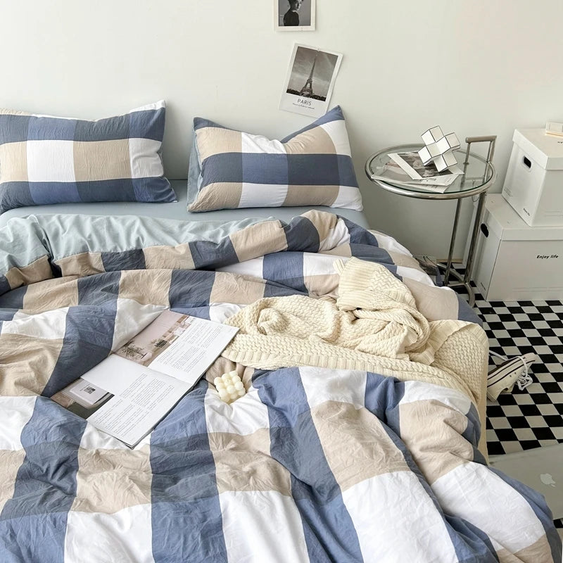Bed Linen Washed Cotton Striped Grid Minimalist Bedding Sheet Set Comforter Sets Queen Duvet Cover Double For Boys And Girls