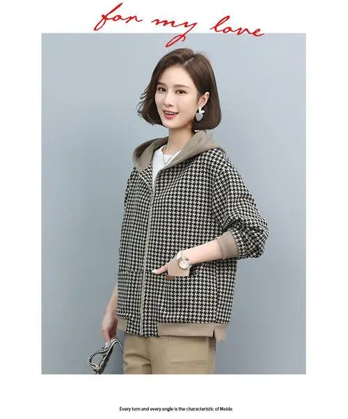 2024 Autumn Winter New Middle-aged and elderly Mothers Short Jacket Women's Patchwork Hooded Plaid Coat Casual Tops