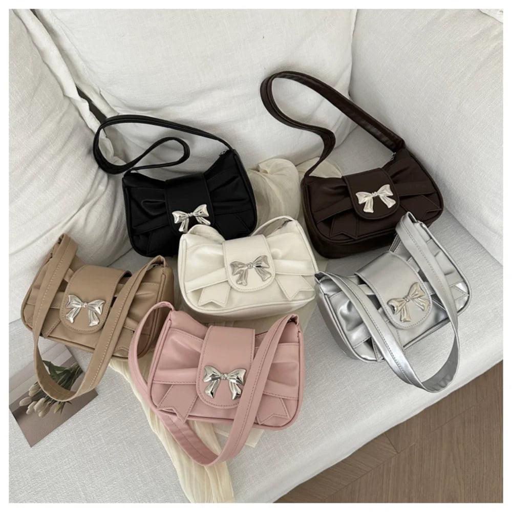 Korean Bow Pleated Shoulder Bag For Women 2024 Spring Summer New Armpit Bag Handbag