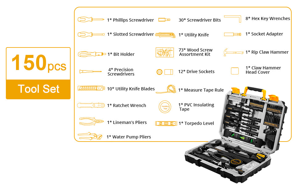 DEKO DKMT150, General Household Hand Tool Kit, Home Repair Tool Kit with Plastic Toolbox Storage Case for DIY Project