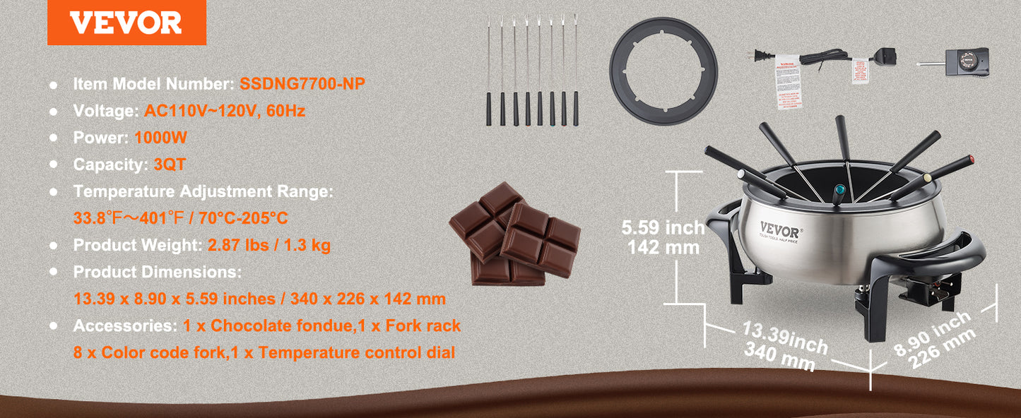 VEVOR 3Qt Electric Chocolate cascade Melting Pot Fondue Pot Set Cheese Melting Warmer Home Appliance for kitchen