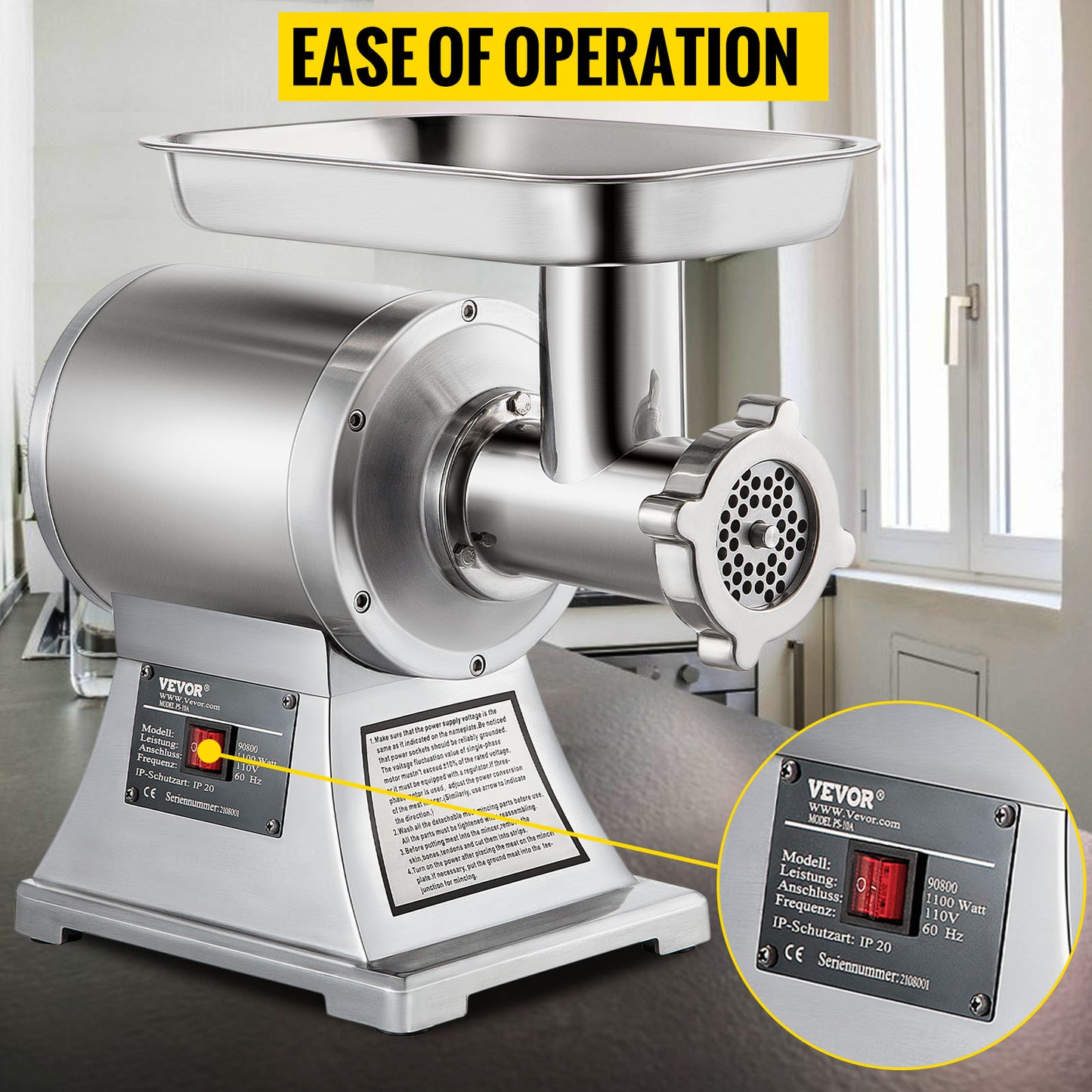VEVOR 250Kg/H Electric Meat Mincer Grinder 1100W Commercial Kitchen Chopper Food Processor Sausage Maker Machine Home Appliance