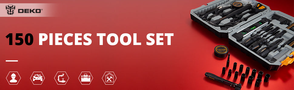 DEKO DKMT150, General Household Hand Tool Kit, Home Repair Tool Kit with Plastic Toolbox Storage Case for DIY Project