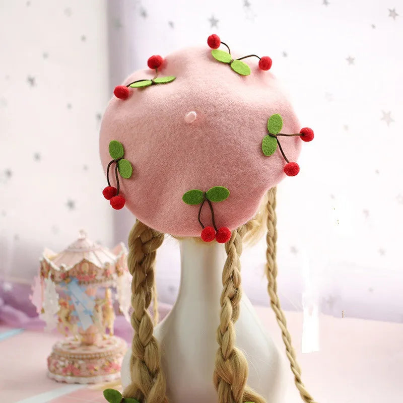Cute Girls Kawaii Little love Beret Sweet Lolita Headwear Purple Beanies Hat Handmade Wool Felt Women Beret Wholesale