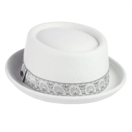 GEMVIE 100% Wool Men Pork Pie Hat For Dad Uniex White Black Top Hat Lady Gentleman Flat Bowler Porkpie Fedora For Women