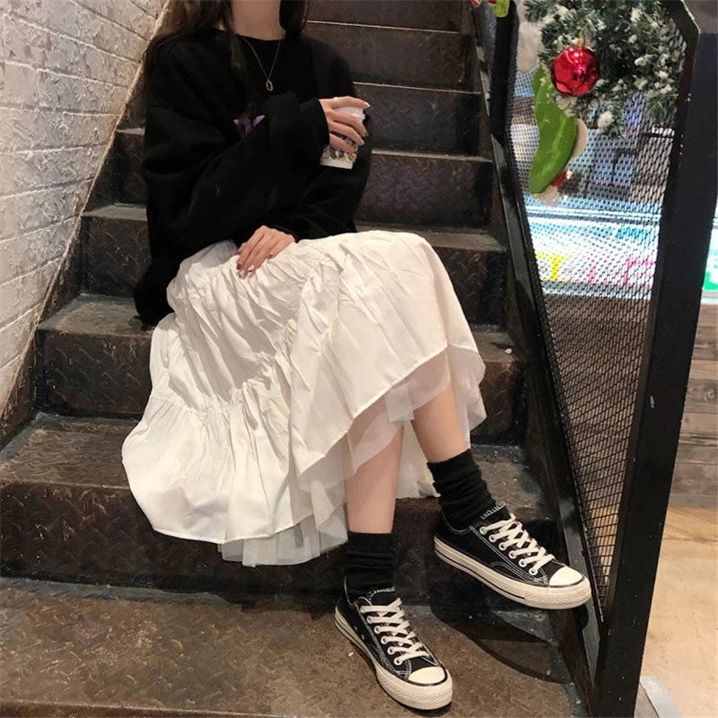 Long Tulle Midi Skirts Womens  Autumn Elastic High Waist Mesh Tutu Pleated Skirts Female Black White Long Skirt Streetwear