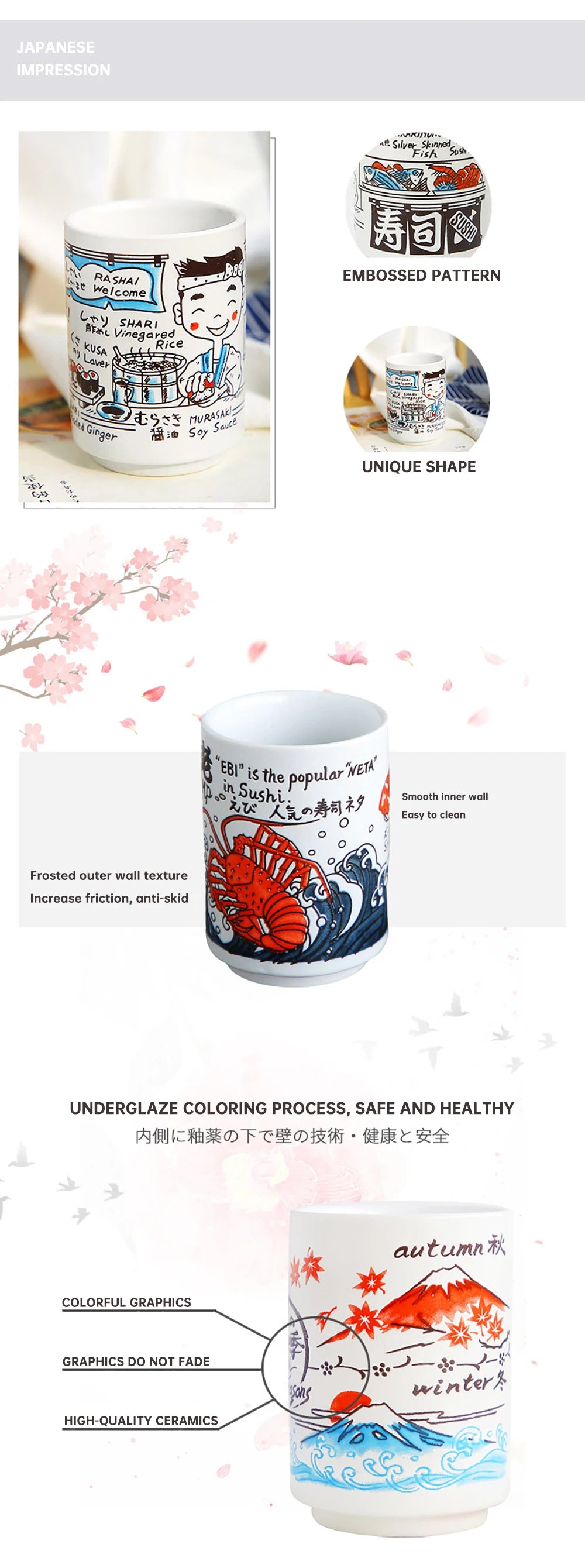 Japanese Impression Ceramic Mugs 300ml Tea Wine Sushi Sake Cup Funny Family Restaurant Decoration Travel Gift for Friends