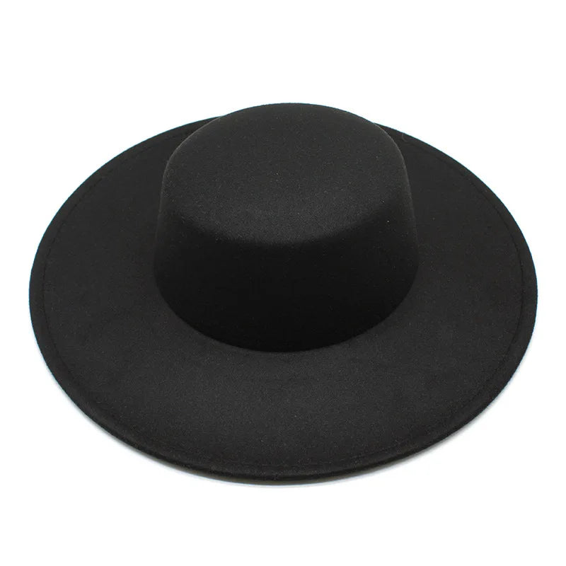 French Women's Hat Big Wide Brim 10CM Fedora Hat Winter Wool Derby Wedding Jazz Hats Flat Top Felt Hat