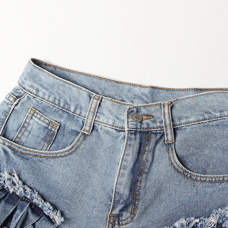 CHICEVER Casual Blue Shorts For Women High Waist Patchwork Ruffles Pockets Asmmetrical Slim Short Pant Female 2021 Summer New