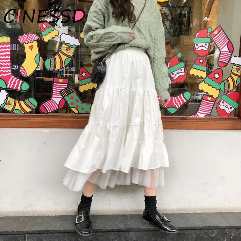 Long Tulle Midi Skirts Womens  Autumn Elastic High Waist Mesh Tutu Pleated Skirts Female Black White Long Skirt Streetwear