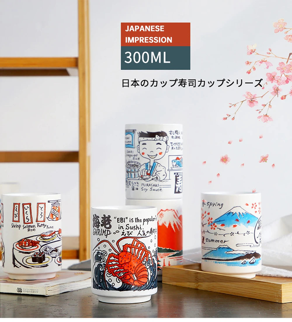 Japanese Impression Ceramic Mugs 300ml Tea Wine Sushi Sake Cup Funny Family Restaurant Decoration Travel Gift for Friends