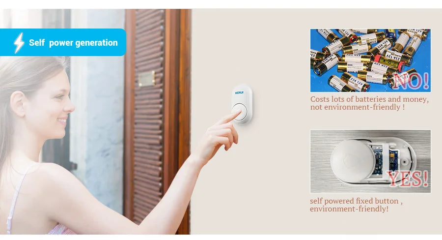 KERUI M518 Wireless Doorbell Self Power Generation 52 Songs Smart Home Security Welcome Chimes Door Bell Mini Button LED Light