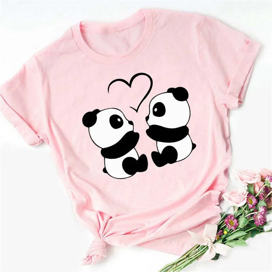 Maycaur Summer Women T Shirt Loose Tops Cute Panda Heart Print Short Sleeve Female Loose Casual T-shirt Ladies Top Teeadad