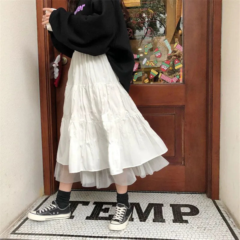 Long Tulle Midi Skirts Womens  Autumn Elastic High Waist Mesh Tutu Pleated Skirts Female Black White Long Skirt Streetwear