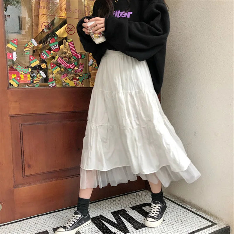 Long Tulle Midi Skirts Womens  Autumn Elastic High Waist Mesh Tutu Pleated Skirts Female Black White Long Skirt Streetwear