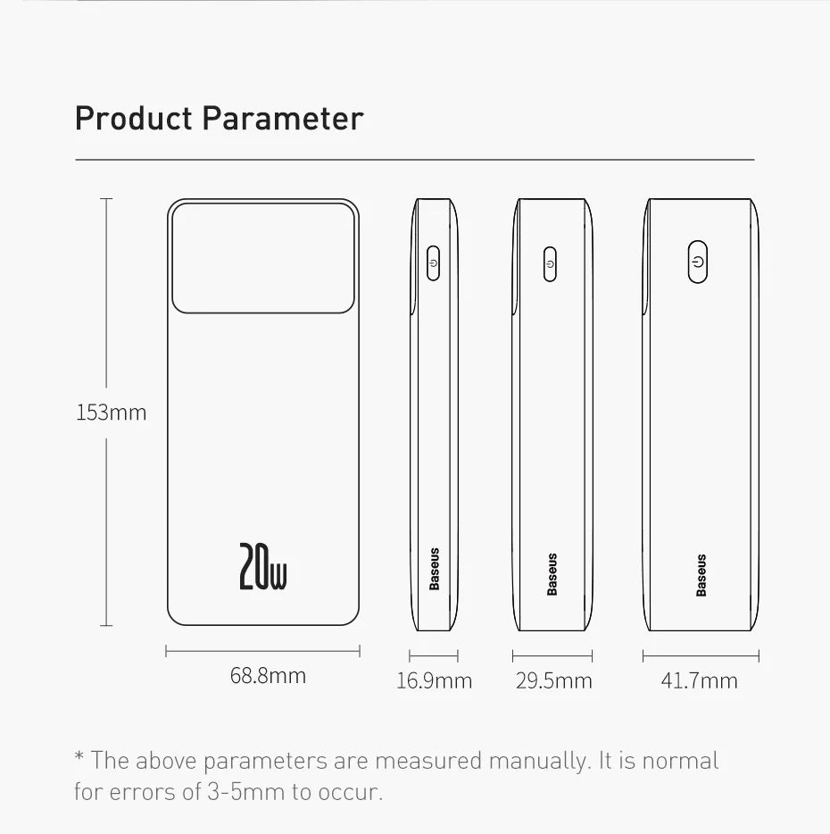 Baseus Power Bank 20000mAh Portable Charger Powerbank 10000mAh External Battery PD 20W Fast Charging For iPhone Xiaomi PoverBank