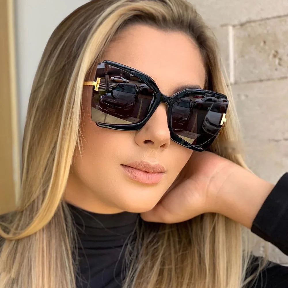 European and American INS big frame T word sunglasses for women dazzle color cat eye fashion sunglasses butterfly sunglasses