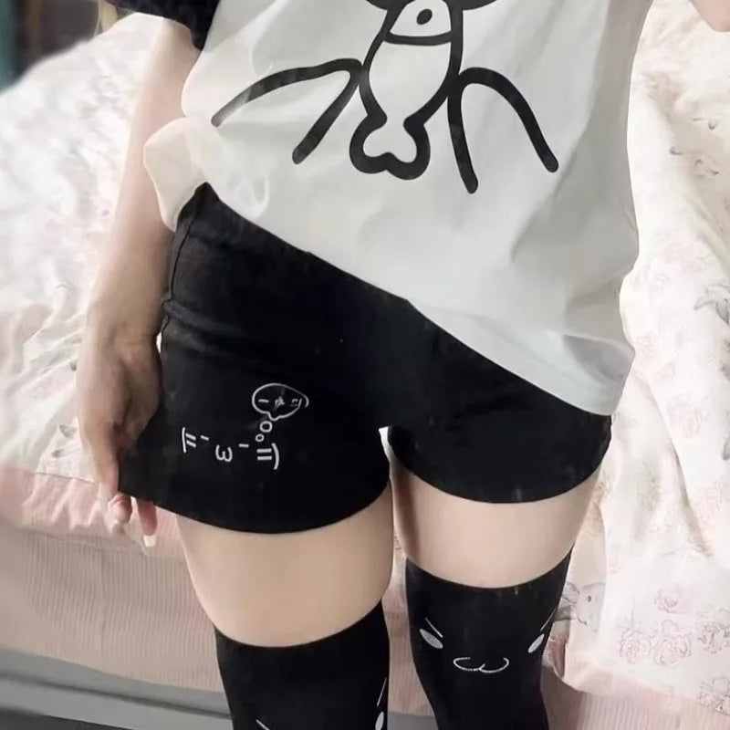 Cotton Shorts for Women Black Summer Pantalones Cortos De Mujer Print Japanese Fashion Casual Cute Pants 2024 New Bottoms 27x232