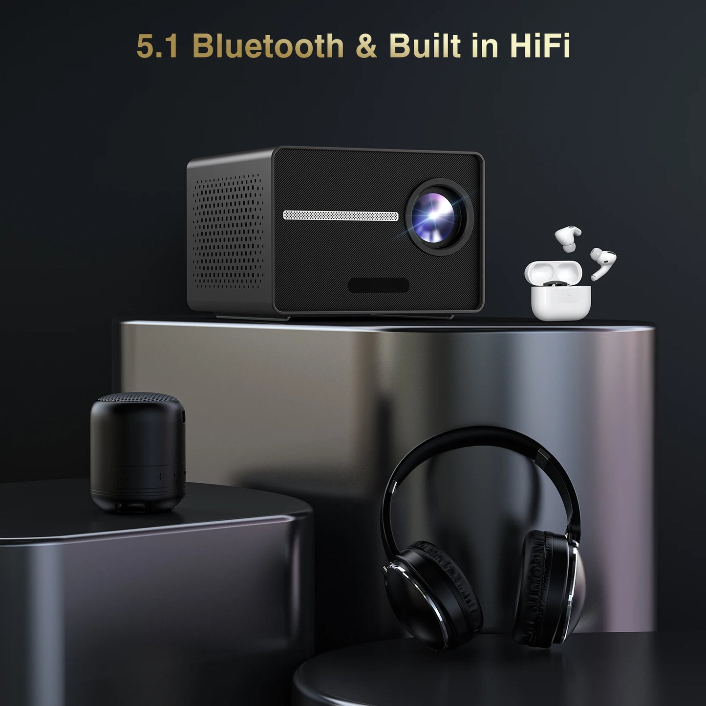 HAPPRUN Electric Focus Mini 1080P Bluetooth Projector, 200" Outdoor Movie Support, Compatible with Smartphone/HDMI/USB/PS5