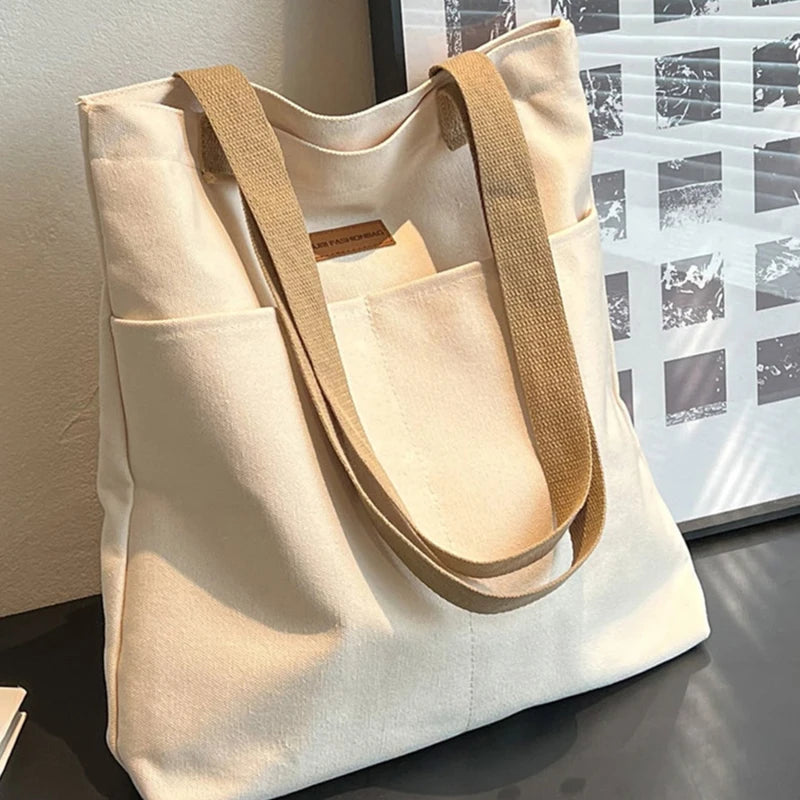 Women Canvas Tote Bag Solid Color Designer Ladies Casual Handbag Shoulder Bag Large Capacity Cotton Reusable Shopping Beach Bag