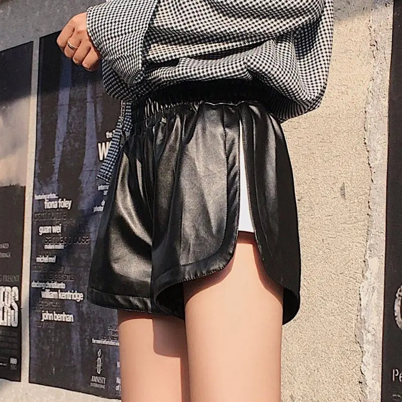 Shorts Women Ulzzang Chic Elastic Waist Pockets Loose Simple Pure Black Trendy Ins PU Leather Fall Casual 3XL Female All-match