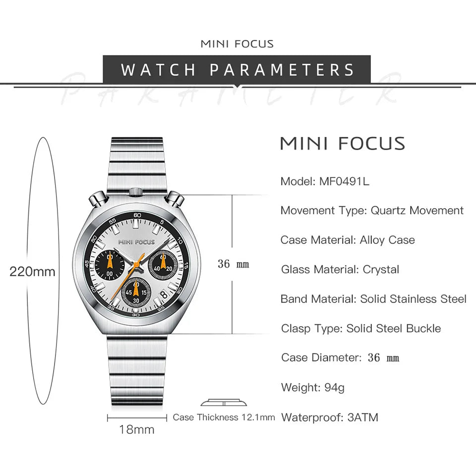 MINI FOCUS Elegant Multifunctional Watch for Women Fashion Waterproof Quartz Ladies Watches Steel Band Bull Head Wristwatch Gift