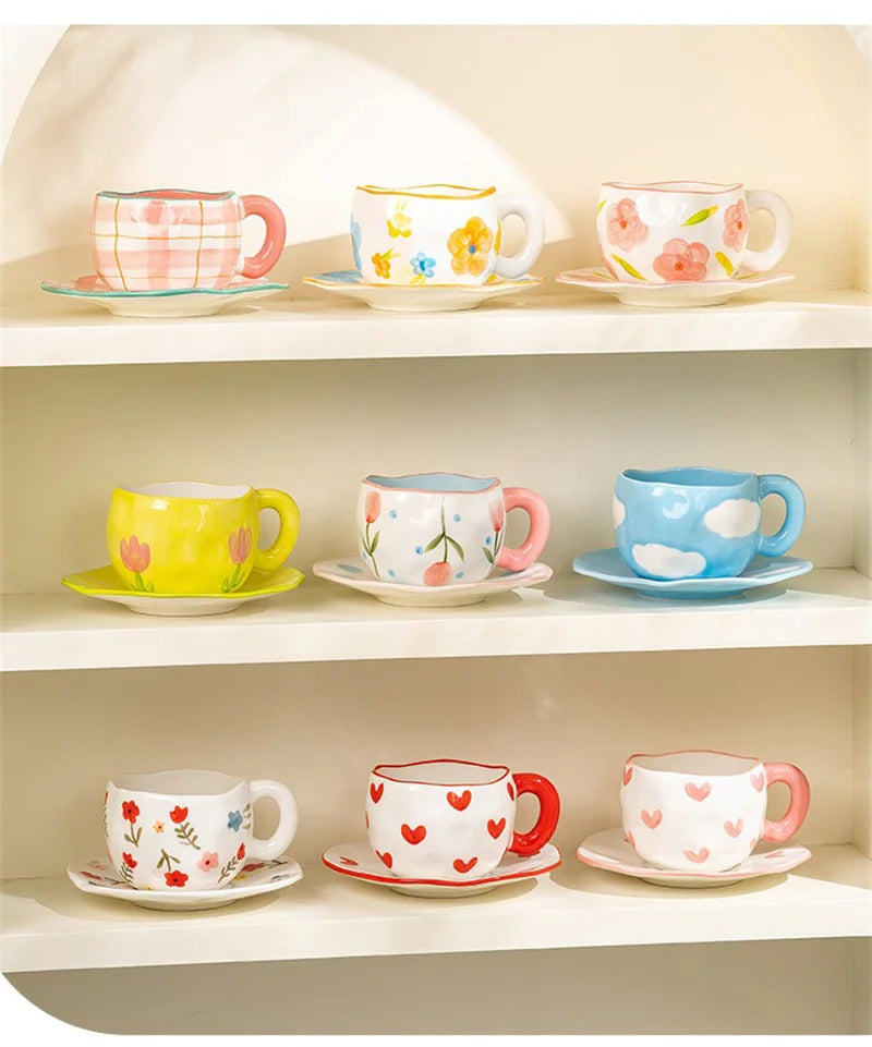 300ML Creative Hand Pinched Irregular Flower Ceramic mug Handmade Coffee Cup Breakfast Milk Afternoon tea cups Korean Style Mugs