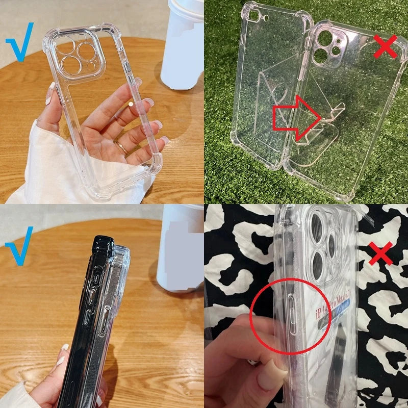 Shockproof Phone Case for iPhone 11 12 13 14 15 16 Pro Max Plus Transparent Bumper Acrylic Hard Back Cover Silver Button