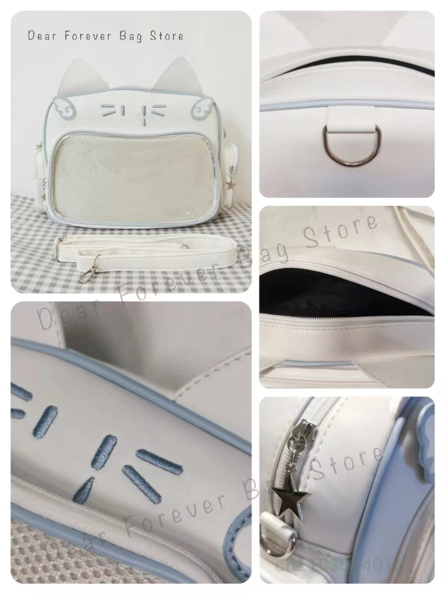 New Y2K Korean Kawaii Cat Ita Bag Cute PU Shoulder Bag Girls Transparent Pocket Harajuku Crossbody Bag Women's Fashion Backpacks