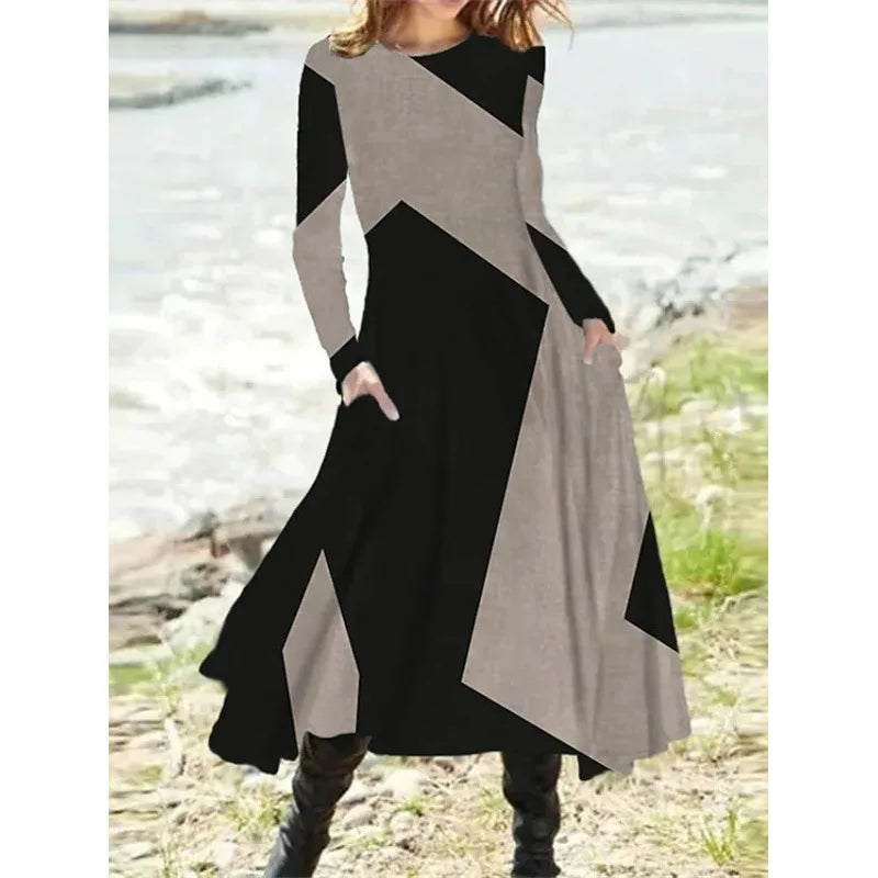 New 2024 Women's Casual Elegant Party Dress Contrast Color Ladies Spring Autumn Loose Long Sleeve Dress with Pockets Midi Dress