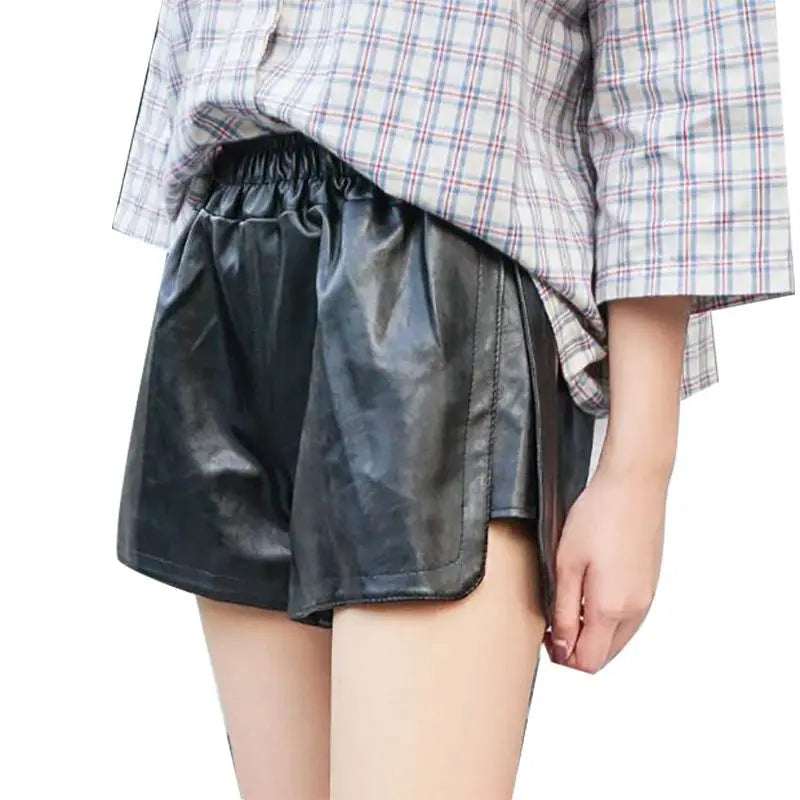 Shorts Women Ulzzang Chic Elastic Waist Pockets Loose Simple Pure Black Trendy Ins PU Leather Fall Casual 3XL Female All-match