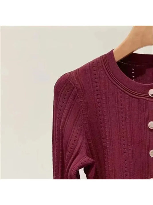 2024 Early Autumn Women's Hollow Lace Trim Knitted Cardigan Top Long Sleeve Single Breasted Ladies Short Sweater Coat 5240199