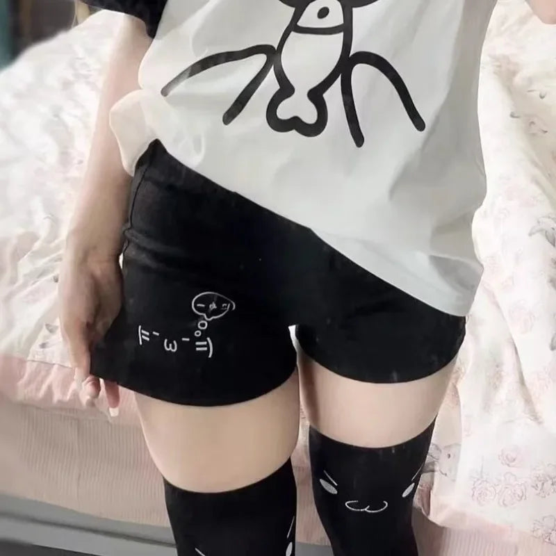 Cotton Shorts for Women Black Summer Pantalones Cortos De Mujer Print Japanese Fashion Casual Cute Pants 2024 New Bottoms 27x232