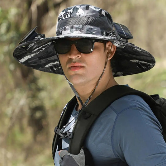 Men Fisherman Hat With 2 Solar Fan Windproof Strap USB Charging Anti-UV Large Brim Fan Sun Hat Sunlight Protection Fan Cap