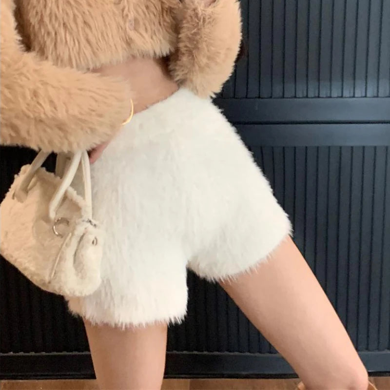 Warm Fluffy Shorts for Women High Waist Autumn Winter Korean Style Fashion Elegant Hot Sweet Female All-match Street Wear Mujer
