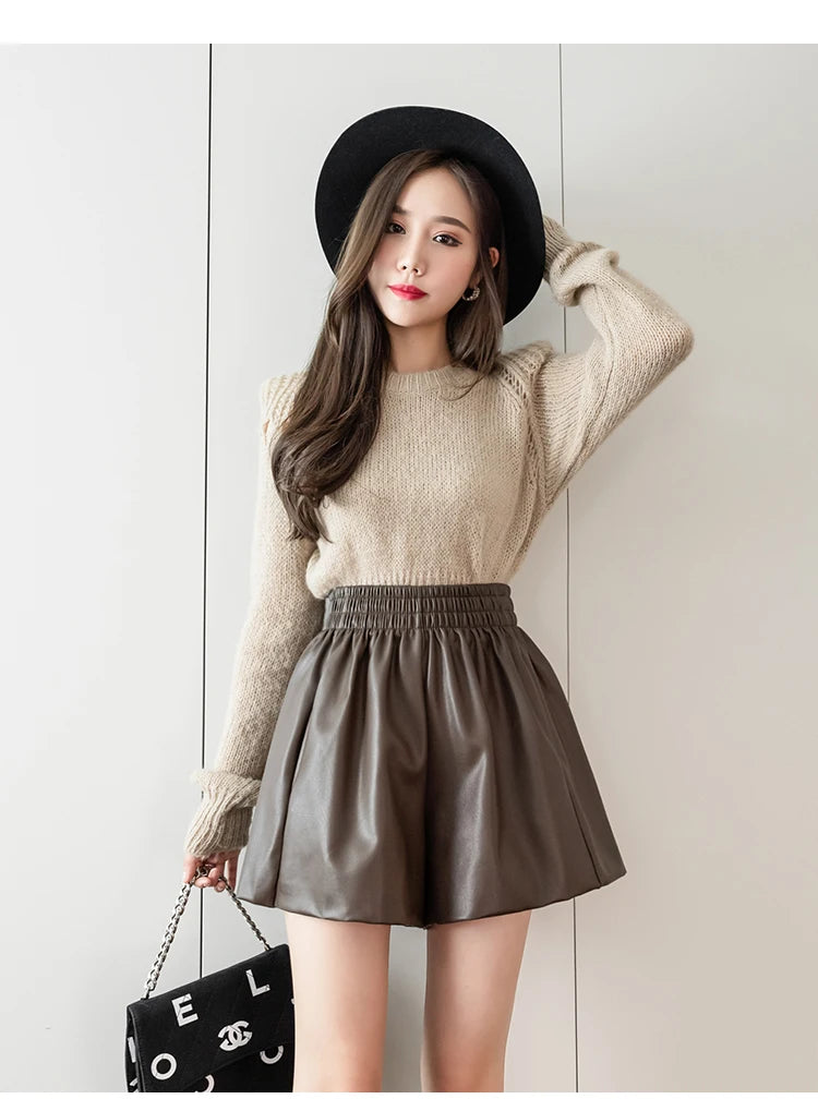 Mini Shorts Women Autumn Winter Chic Korean Elastic High Waist PU Leather Shorts Female Coffee Loose A-line Shorts S-XXL