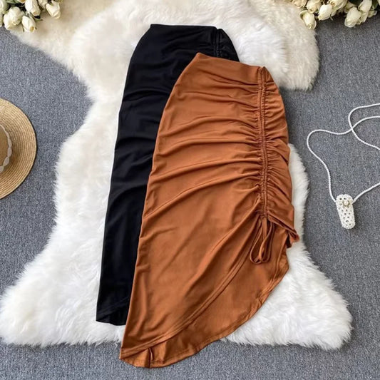 Sexy Draped Irregular Lace up Drawstring Folds Midi Skirt High Split Dress Women Clothes Office Lady Wrap Buttock Elegant Solid